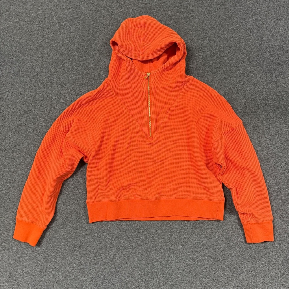 Fabletics Waffle Knit Hoodie Womens Size S Orange Good Quarter Zip Crop